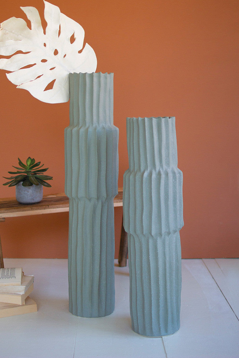 Ribbed Green Ceramic Vase / Small