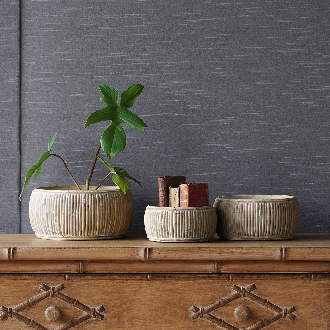 Concrete Faux Rattan Planter, Shallow