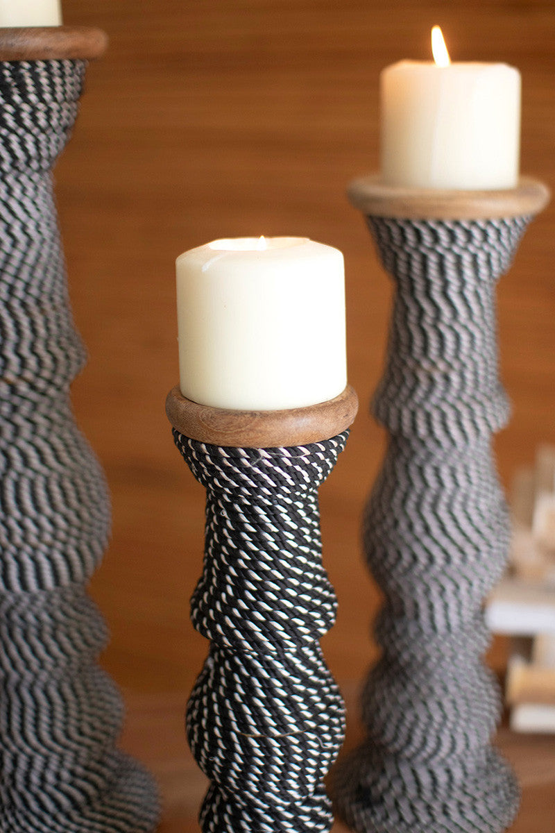 Wooden Candle Holders Wrapped with Black & White String