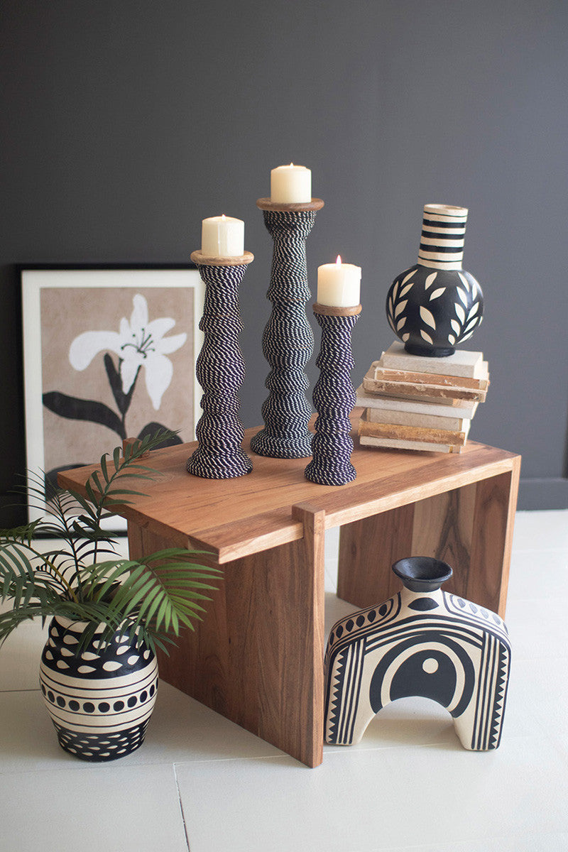 Wooden Candle Holders Wrapped with Black & White String