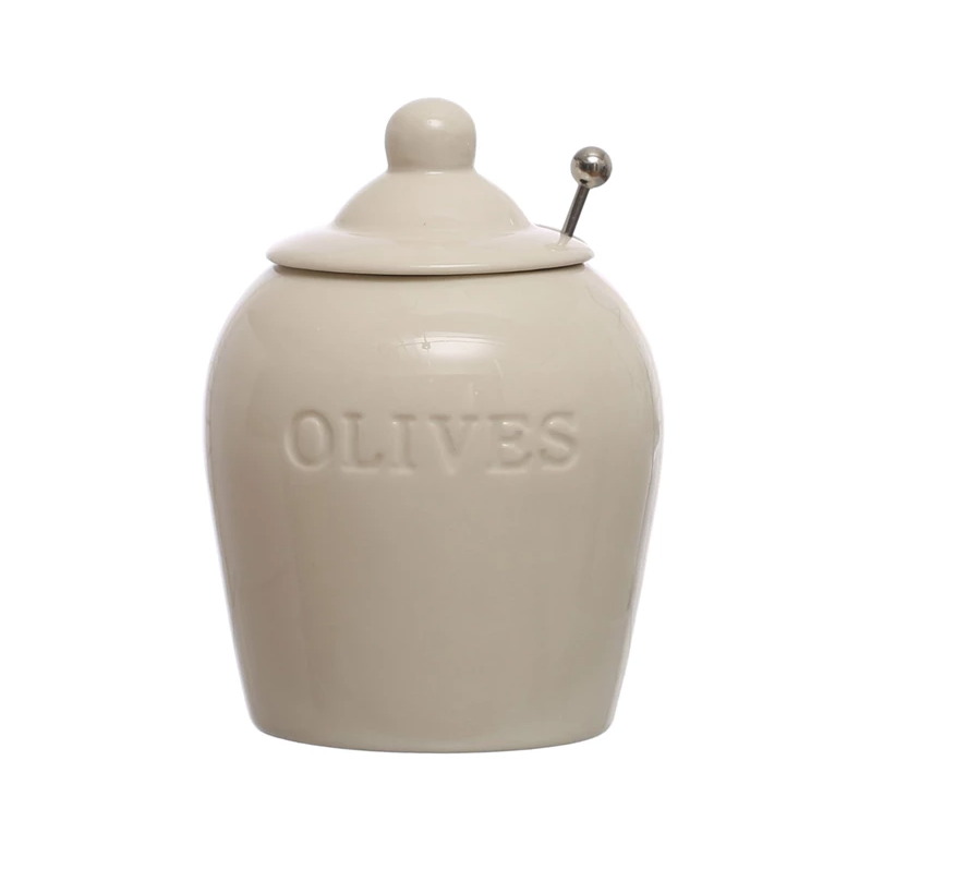 Olive Stoneware Jar w/ Slotted Spoon