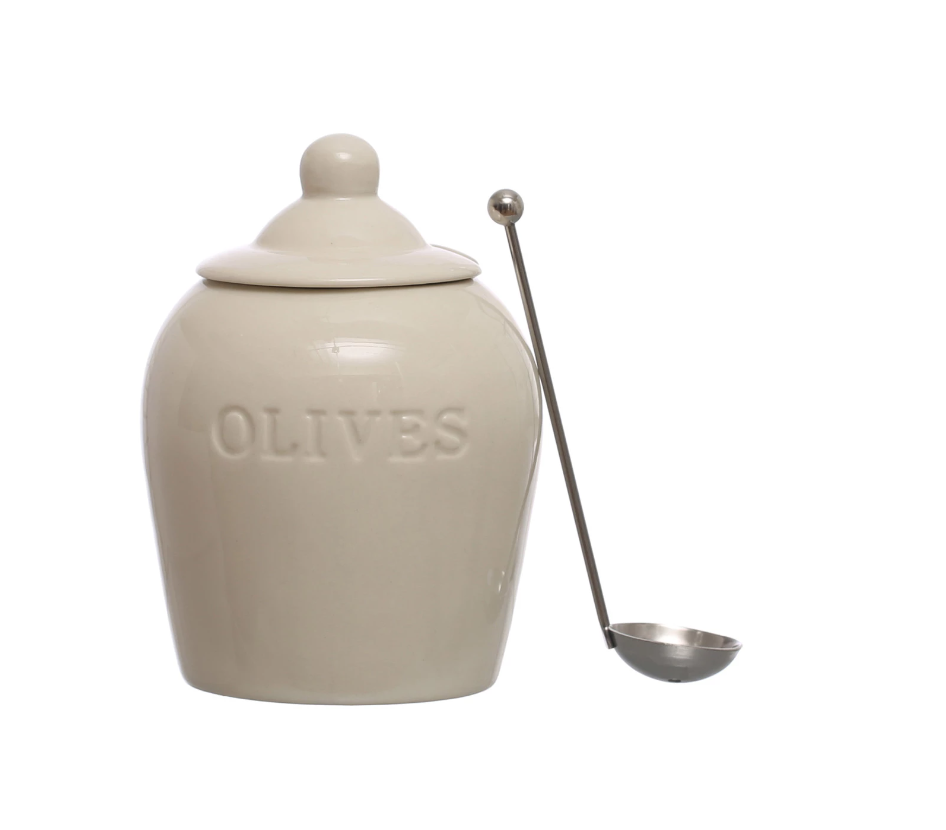 Olive Stoneware Jar w/ Slotted Spoon