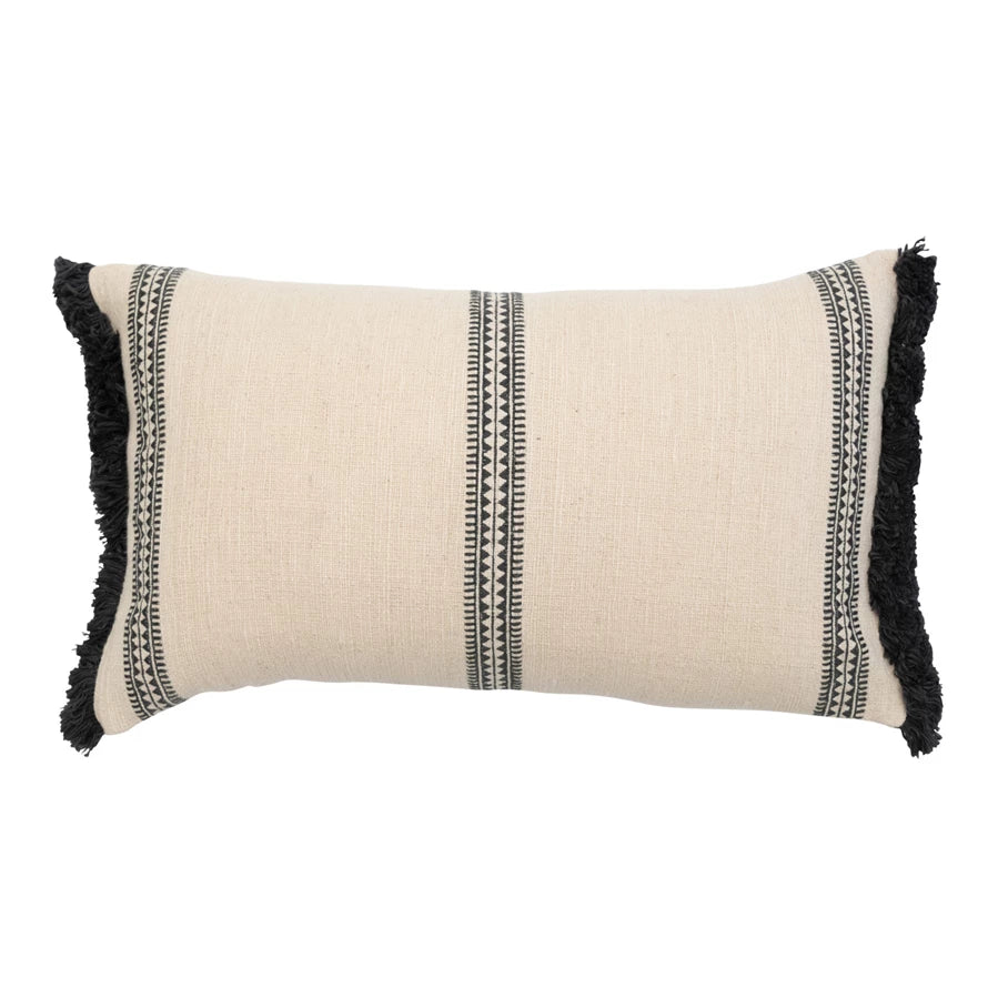 Charcoal & Cream Lumbar Pillow w/ Embroidered Stripes & Fringe
