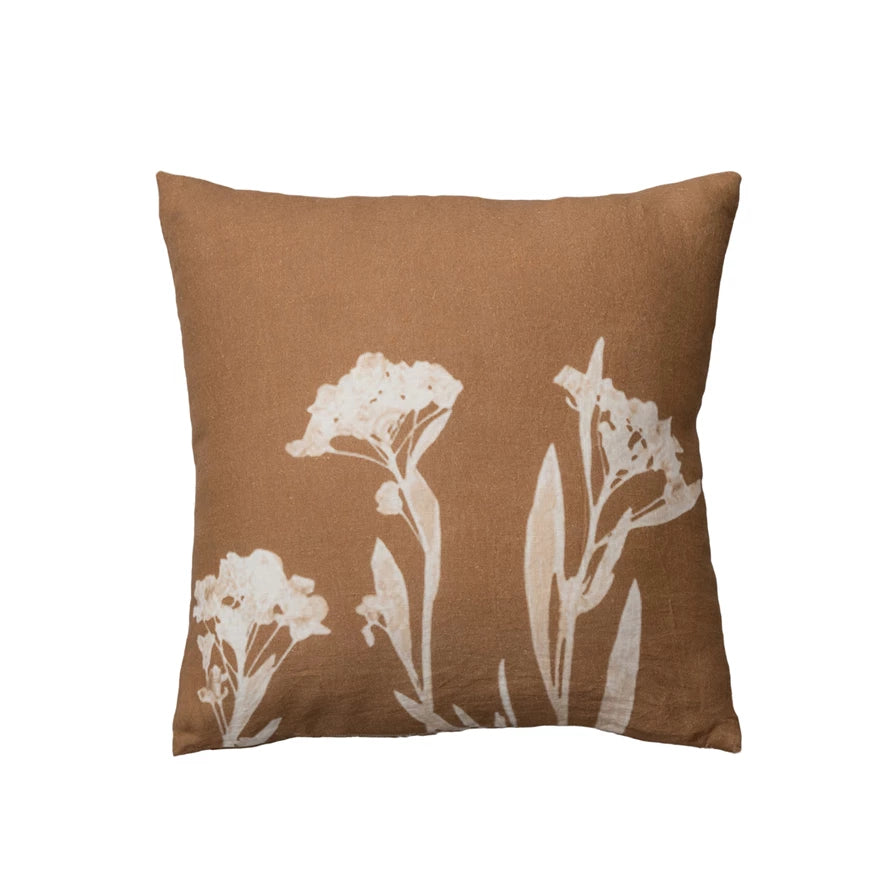 Brown & Natural Floral Linen Pillow