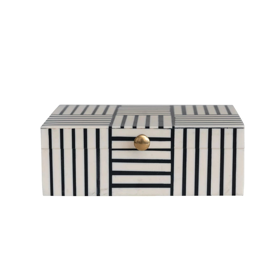 Black & White Resin Box w/ Striped Block Pattern & Gold Knob