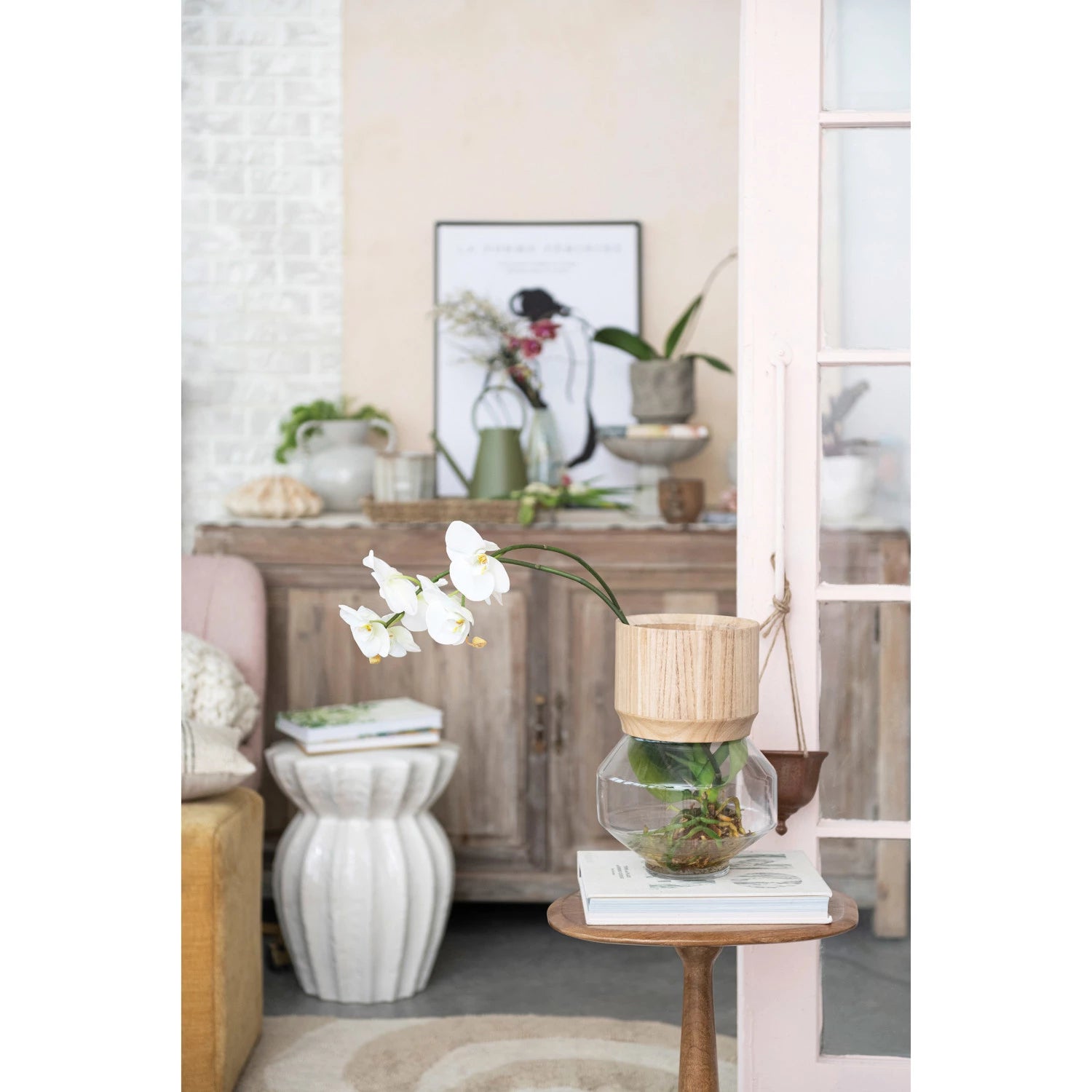 Glass Hurricane/Vase w/ Removable Acacia Wood Collar