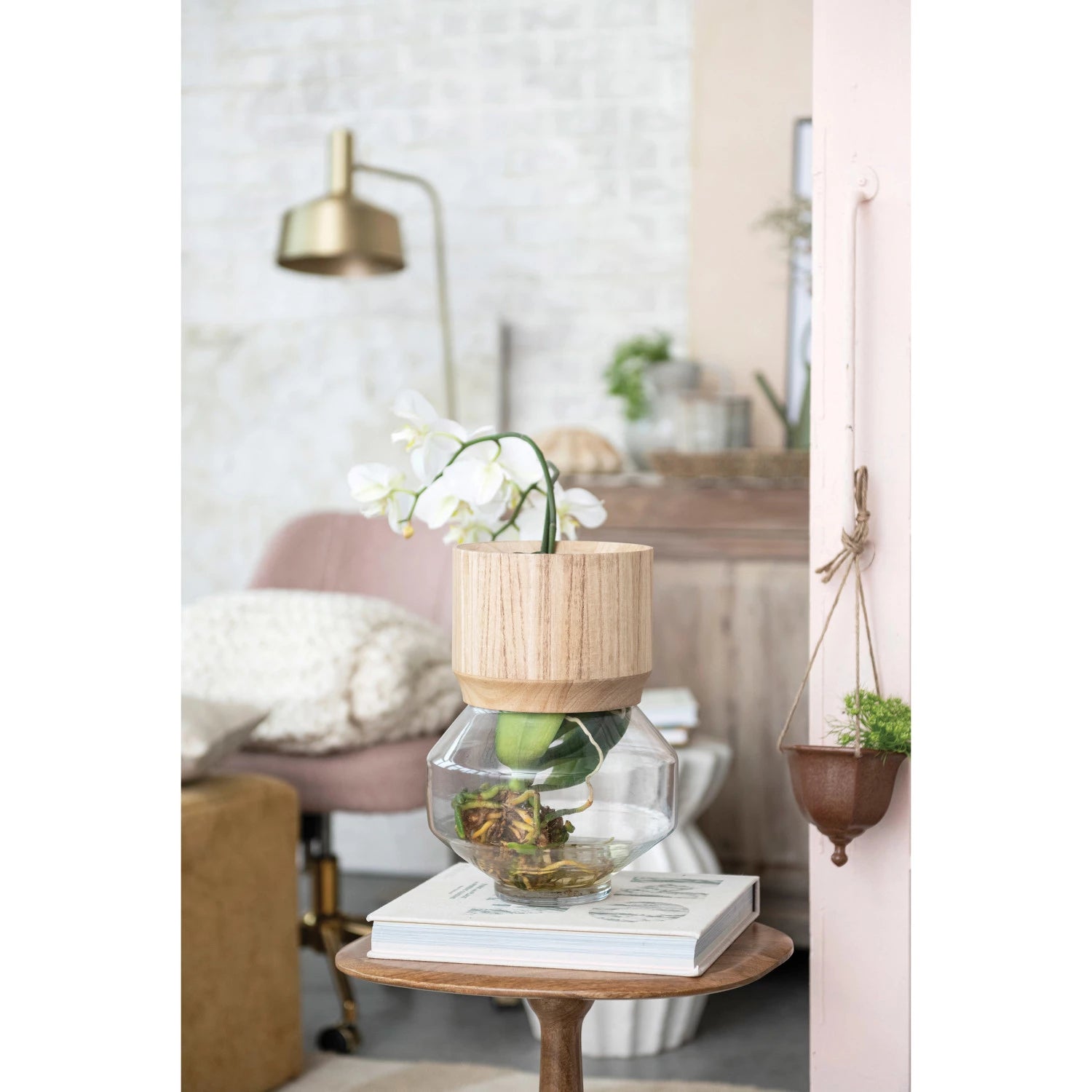 Glass Hurricane/Vase w/ Removable Acacia Wood Collar