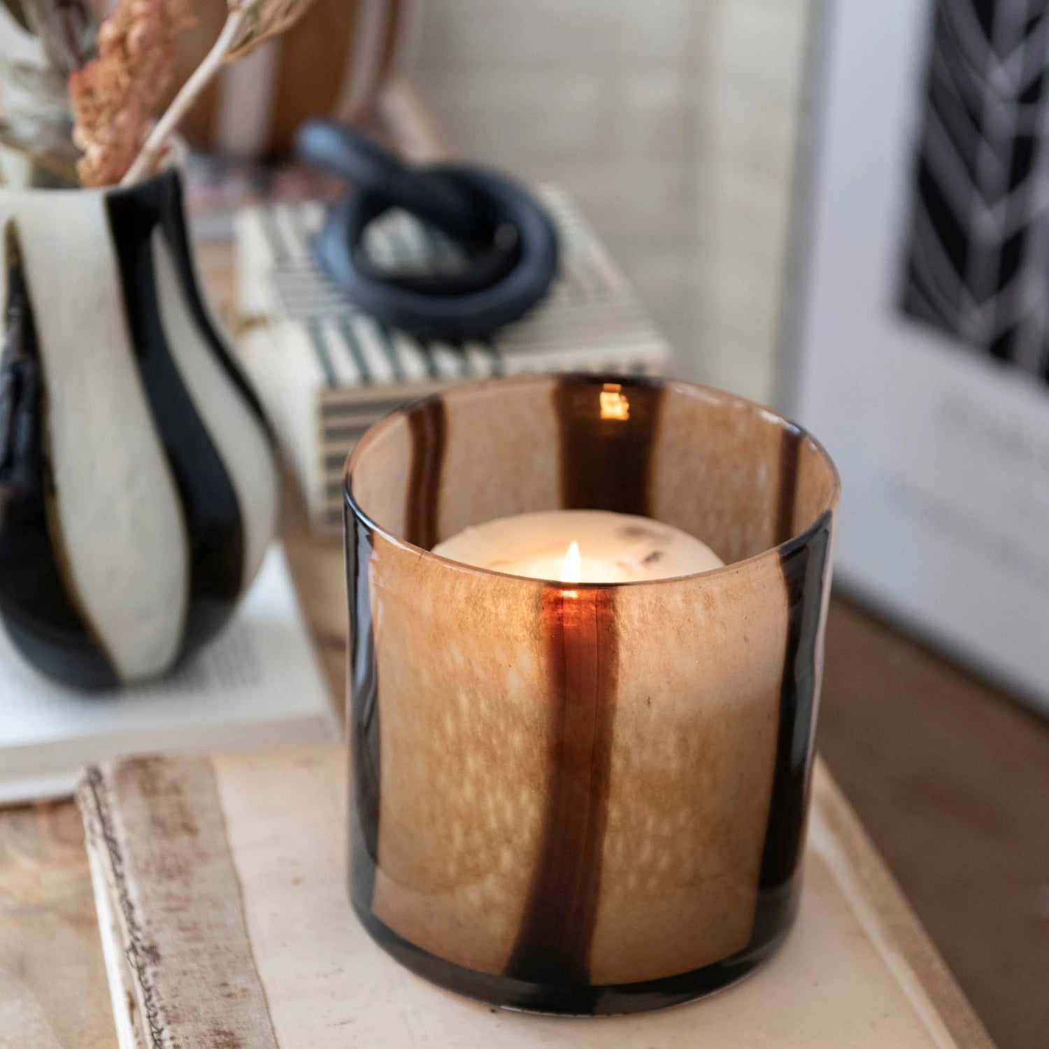 Brown Glass Candle Holder/Vase w/ Stripes