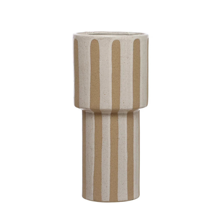 Cream & Brown Stoneware Vase w/ Wax Relief Stripes