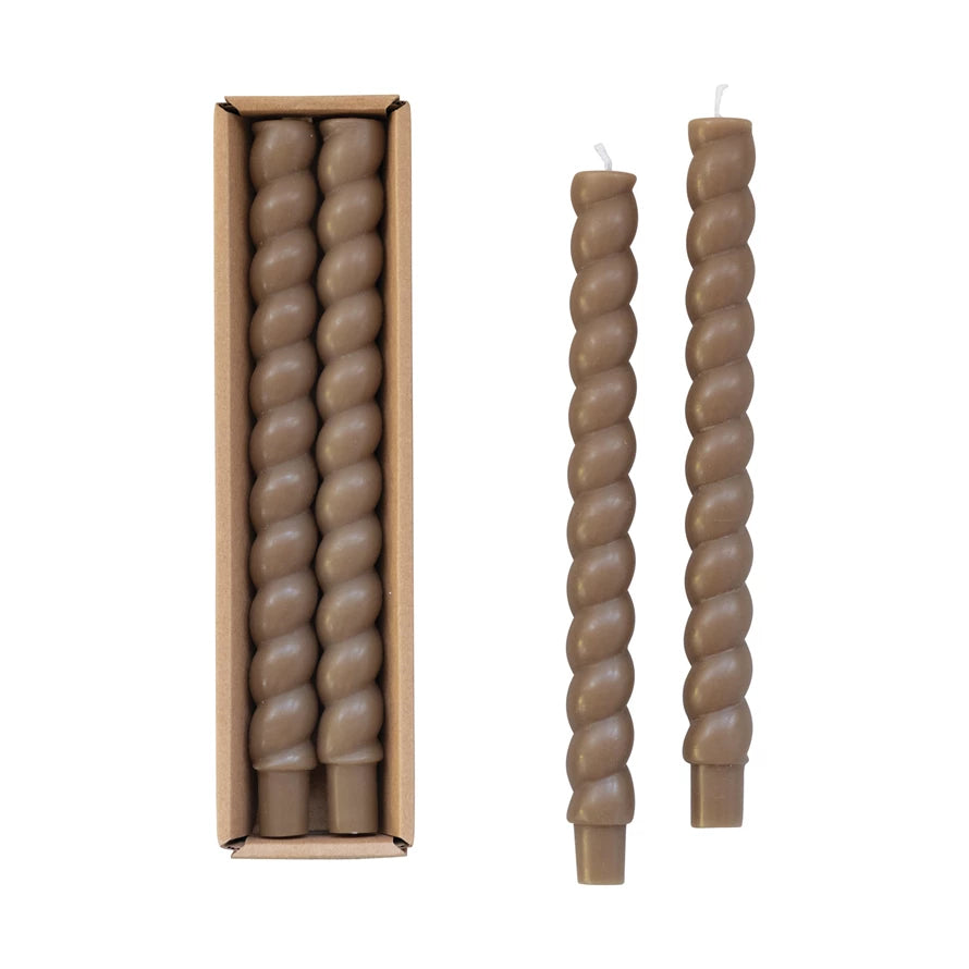 Taupe 10" Unscented Twisted Taper Candles S/2
