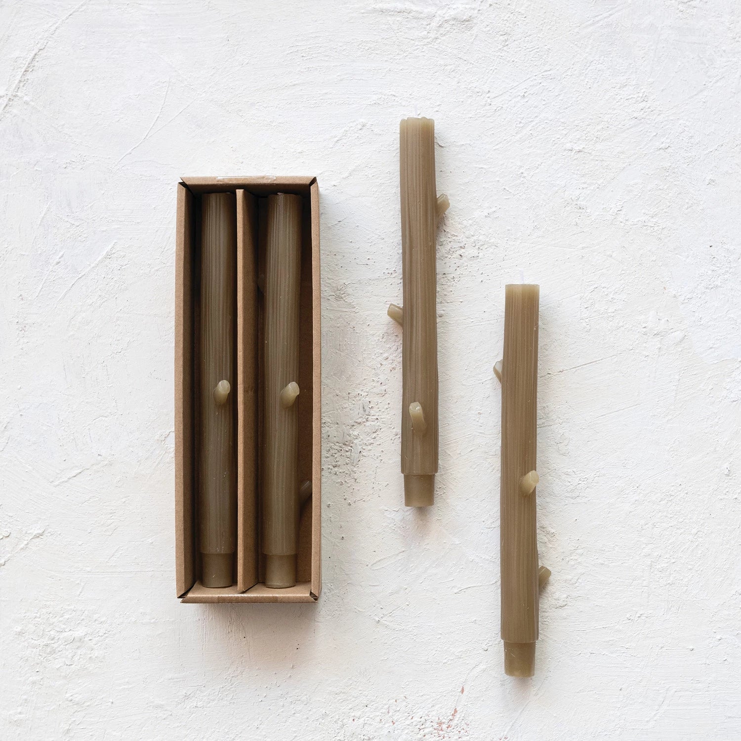 Unscented Olive Twig Shaped Taper Candles S/2