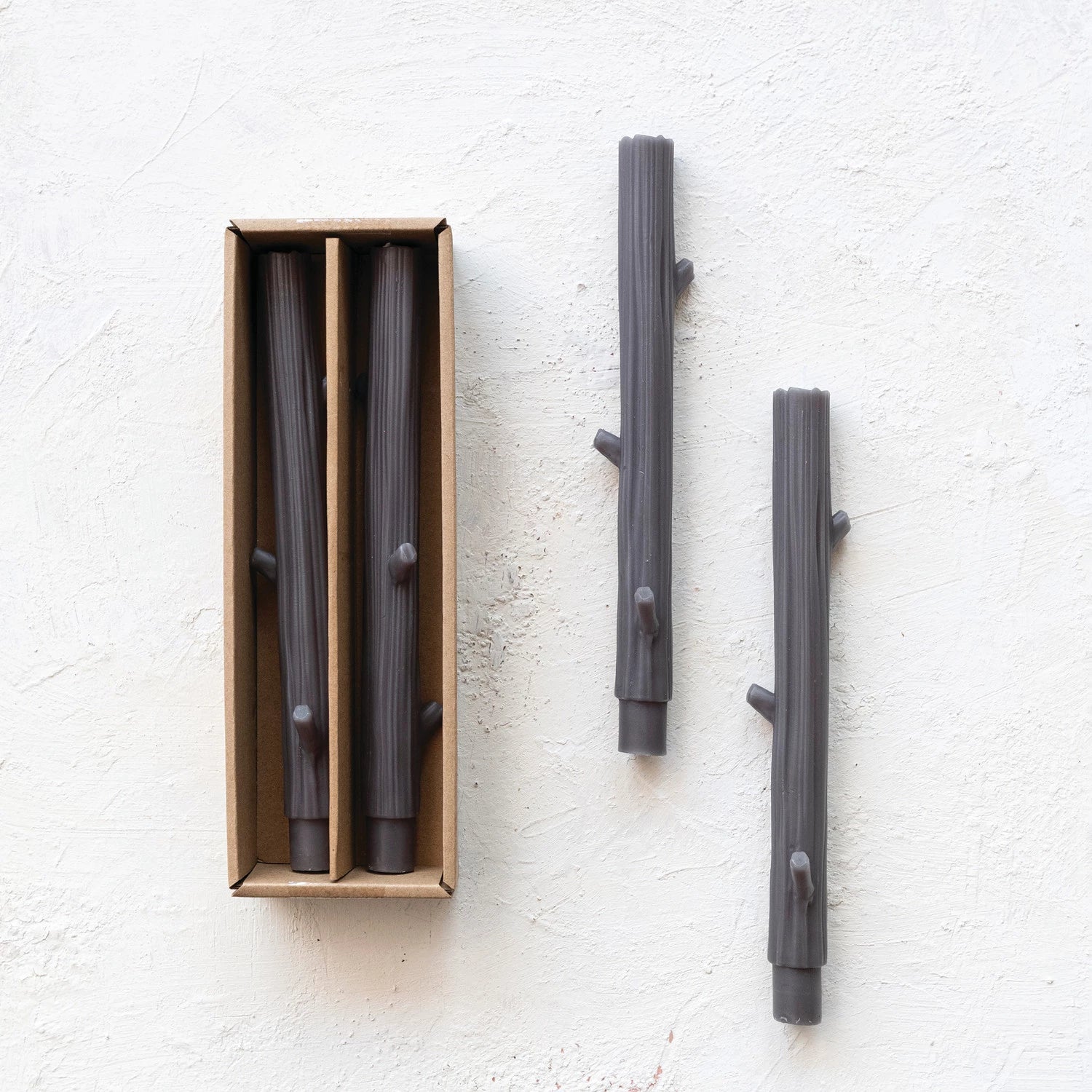 Unscented Charcoal Twig Shaped Taper Candles S/2