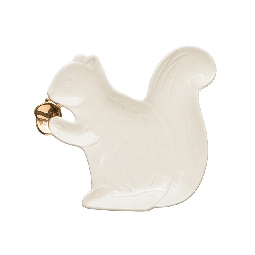 10"L x 9-1/4"W Stoneware Squirrel Shaped Plate w/ Gold Electroplated Acorn, White*