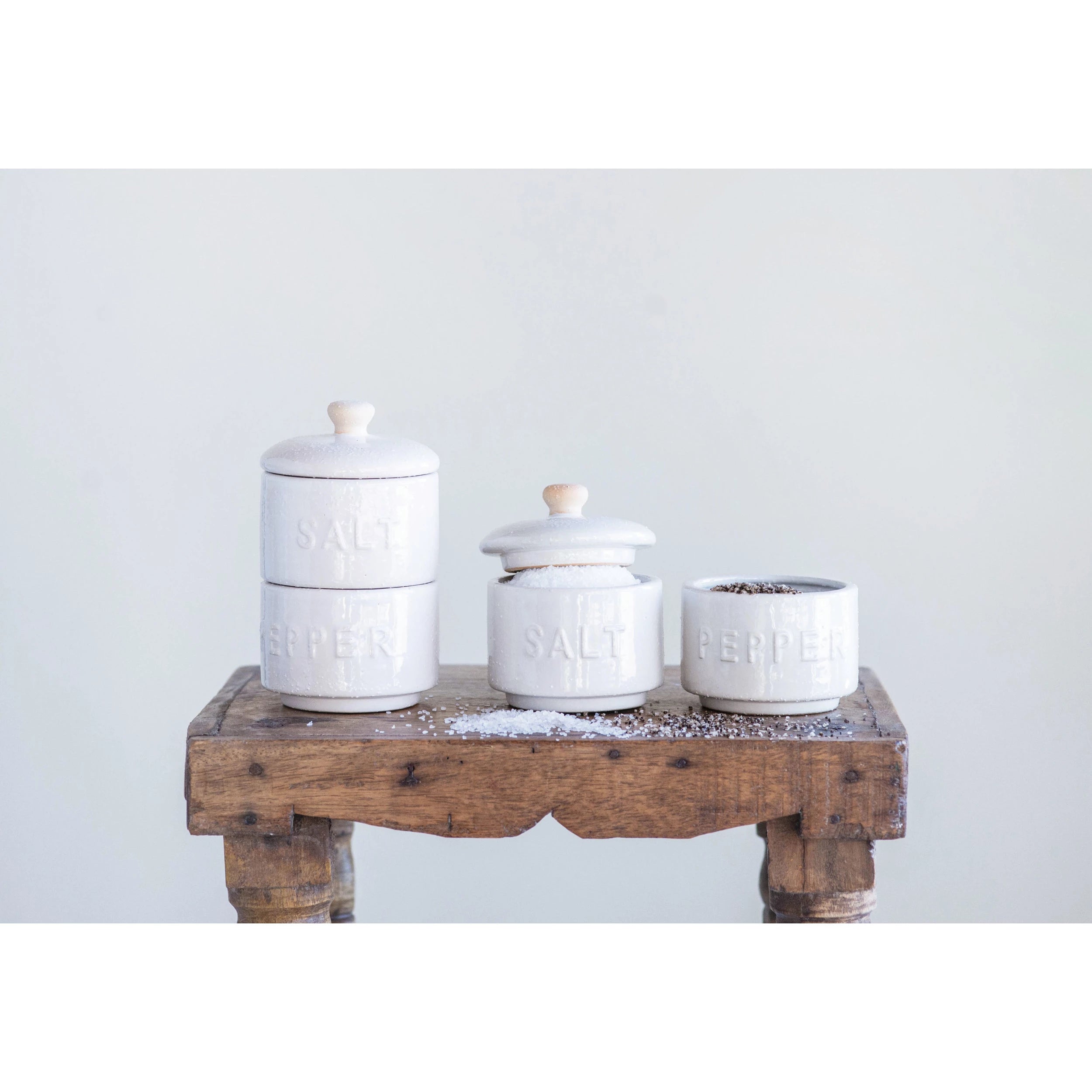 White Stackable Salt & Pepper Pots w/ Lid S/2