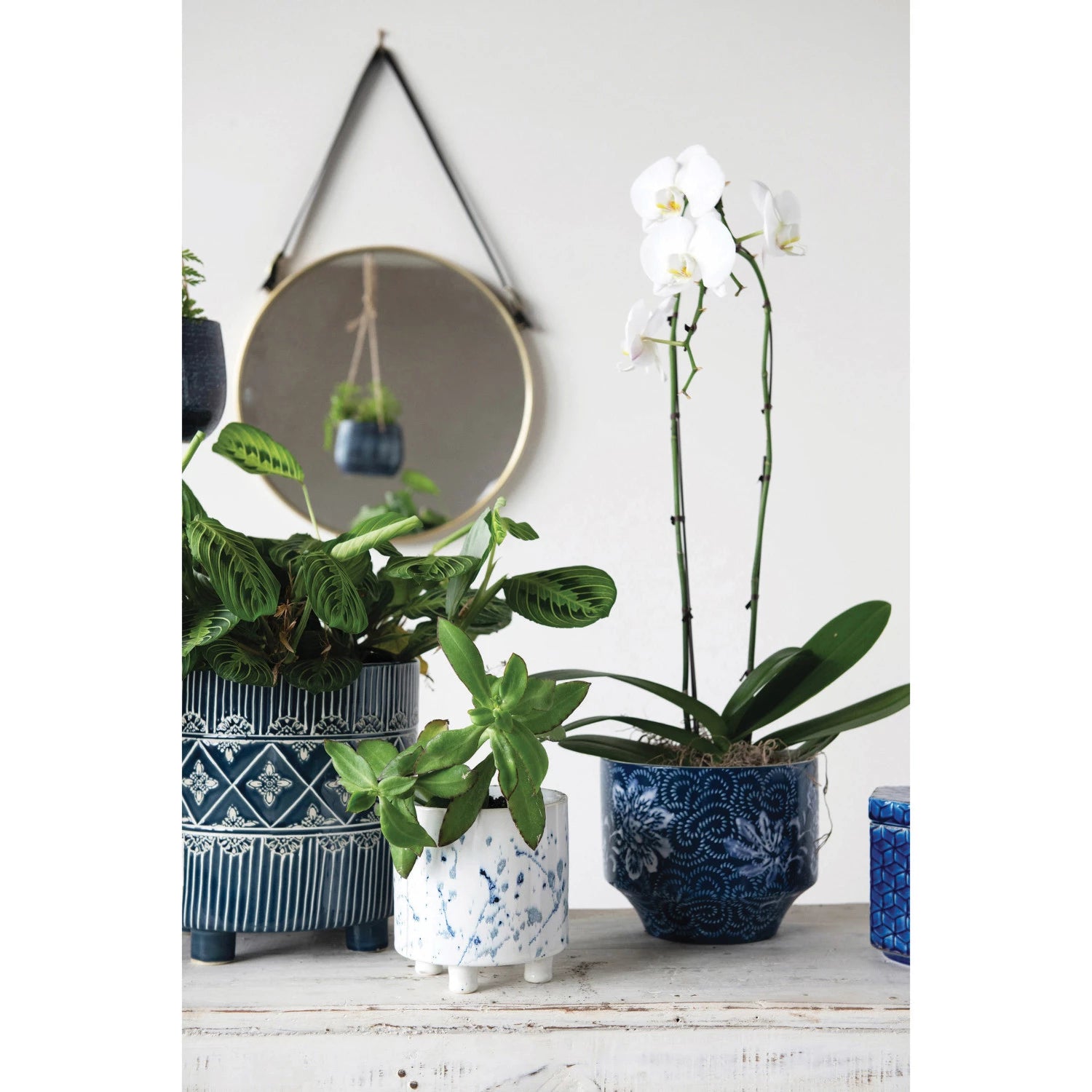 White & Blue Splatter Footed Planter