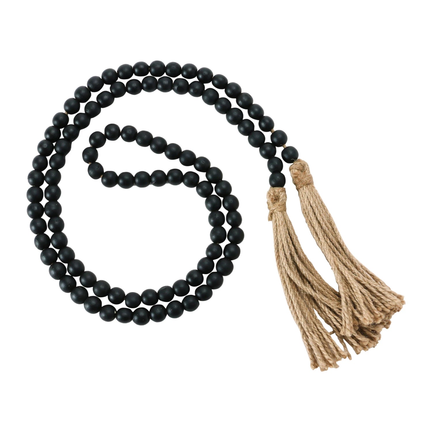 72" Black Wood Bead Garland with Jute Tassels