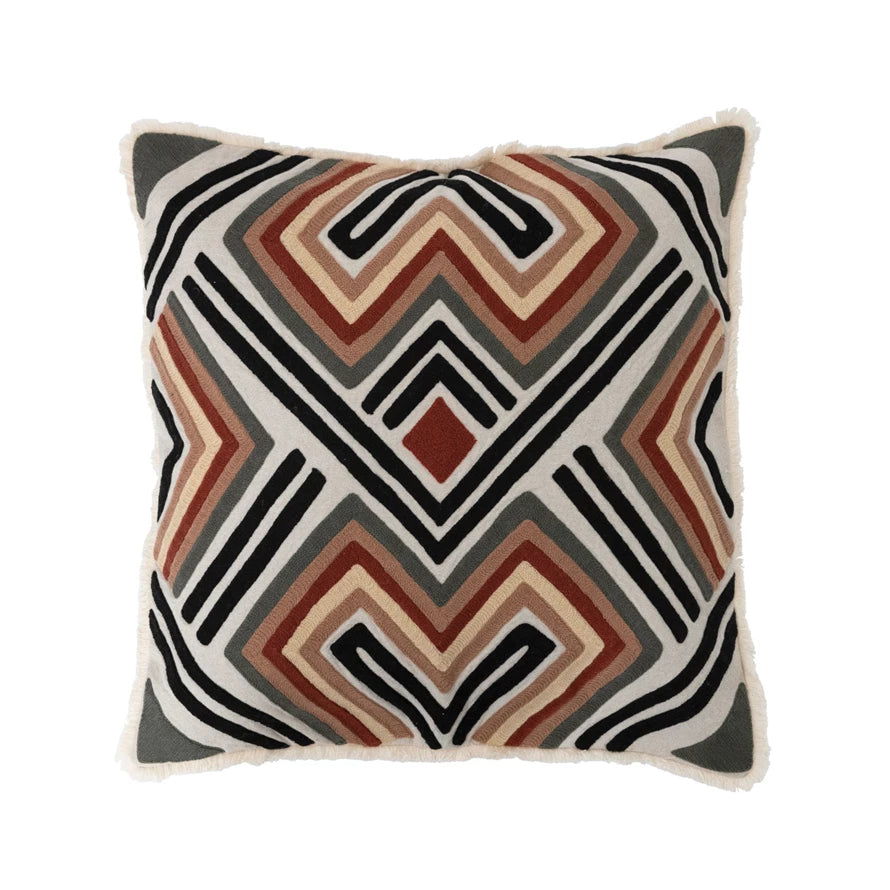 Cotton Embroidered Pillow w/ Pattern & Fringe
