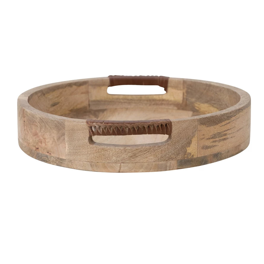 Mango Wood Tray w/ Leather Wrapped Handles