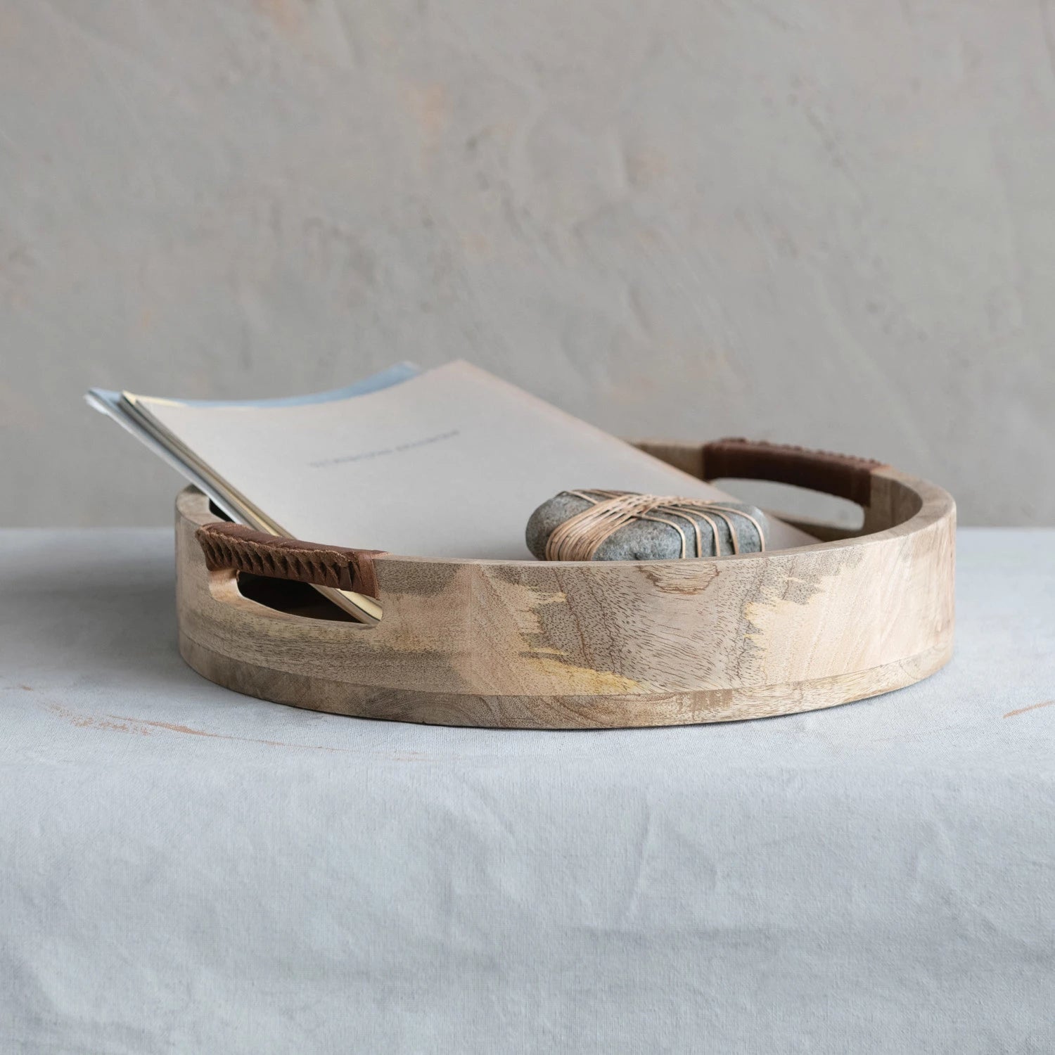 Mango Wood Tray w/ Leather Wrapped Handles