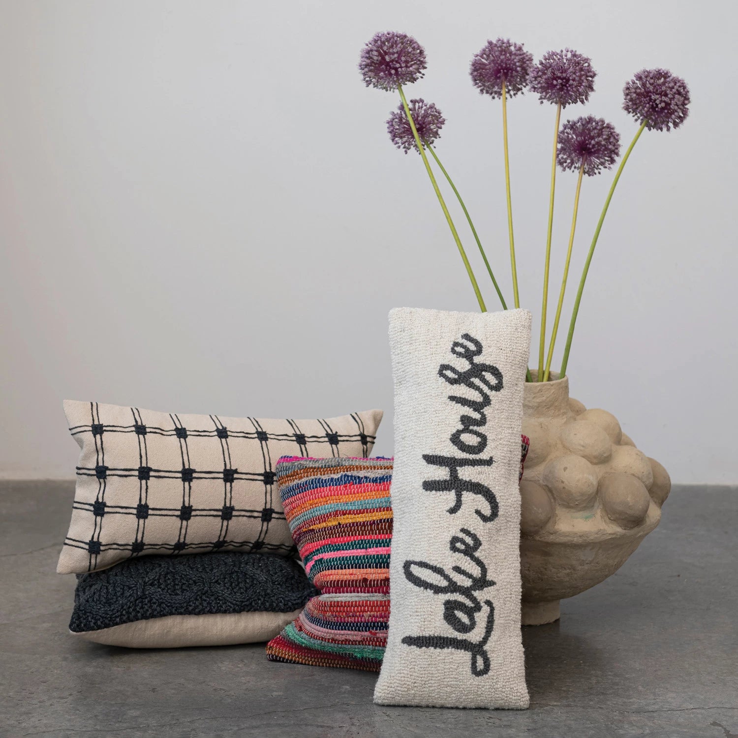 Blue Woven Cotton Cable Knit Pillow w/ Pattern