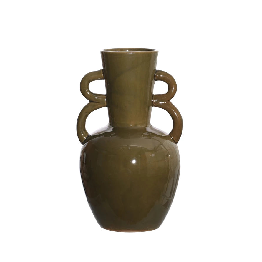 Olive Green Stoneware Vase w/ Handles