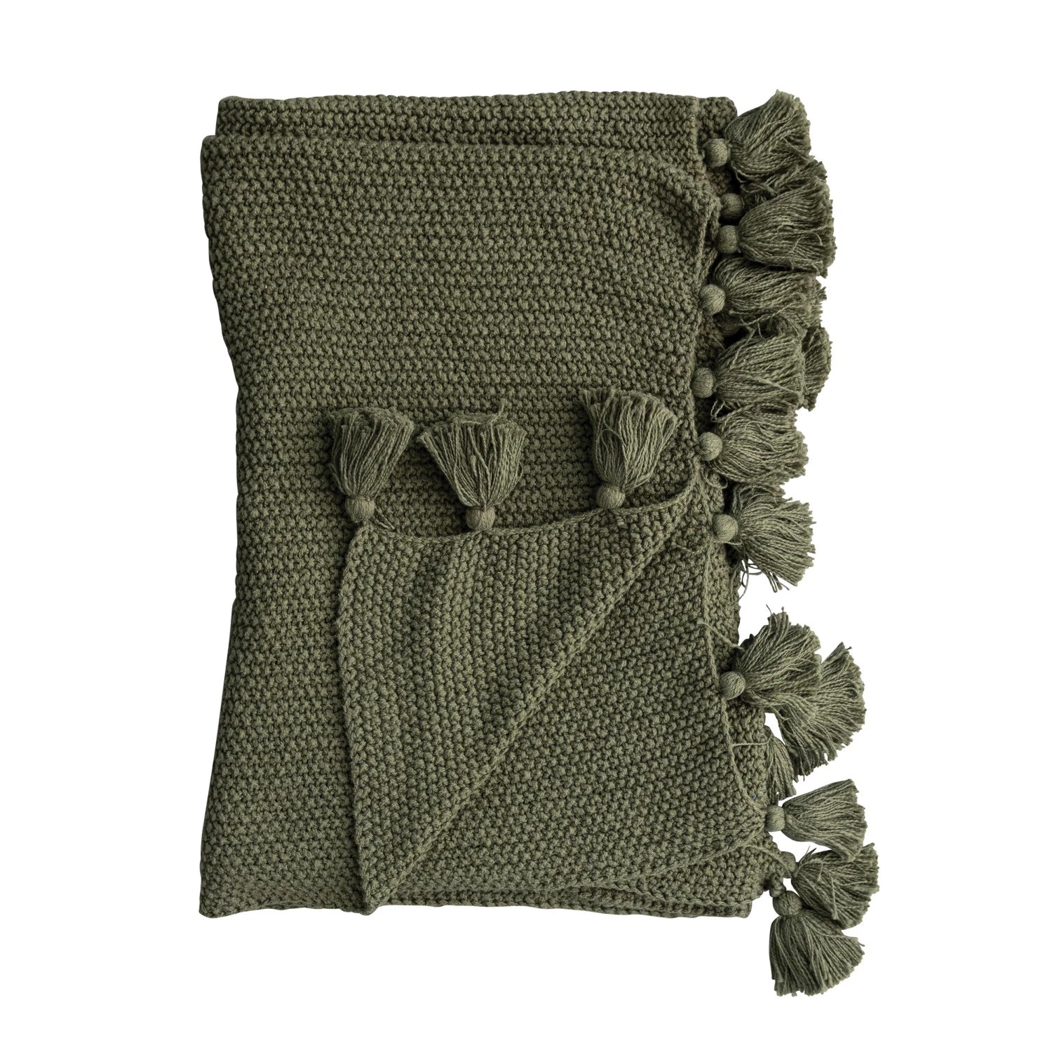 Olive Green Cotton Knit Throw w/ Tassels