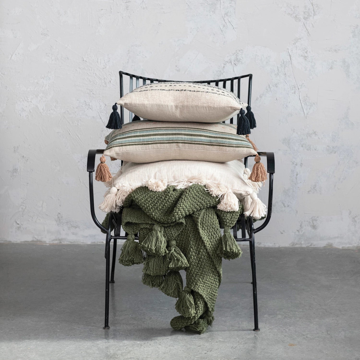 Olive Green Cotton Knit Throw w/ Tassels