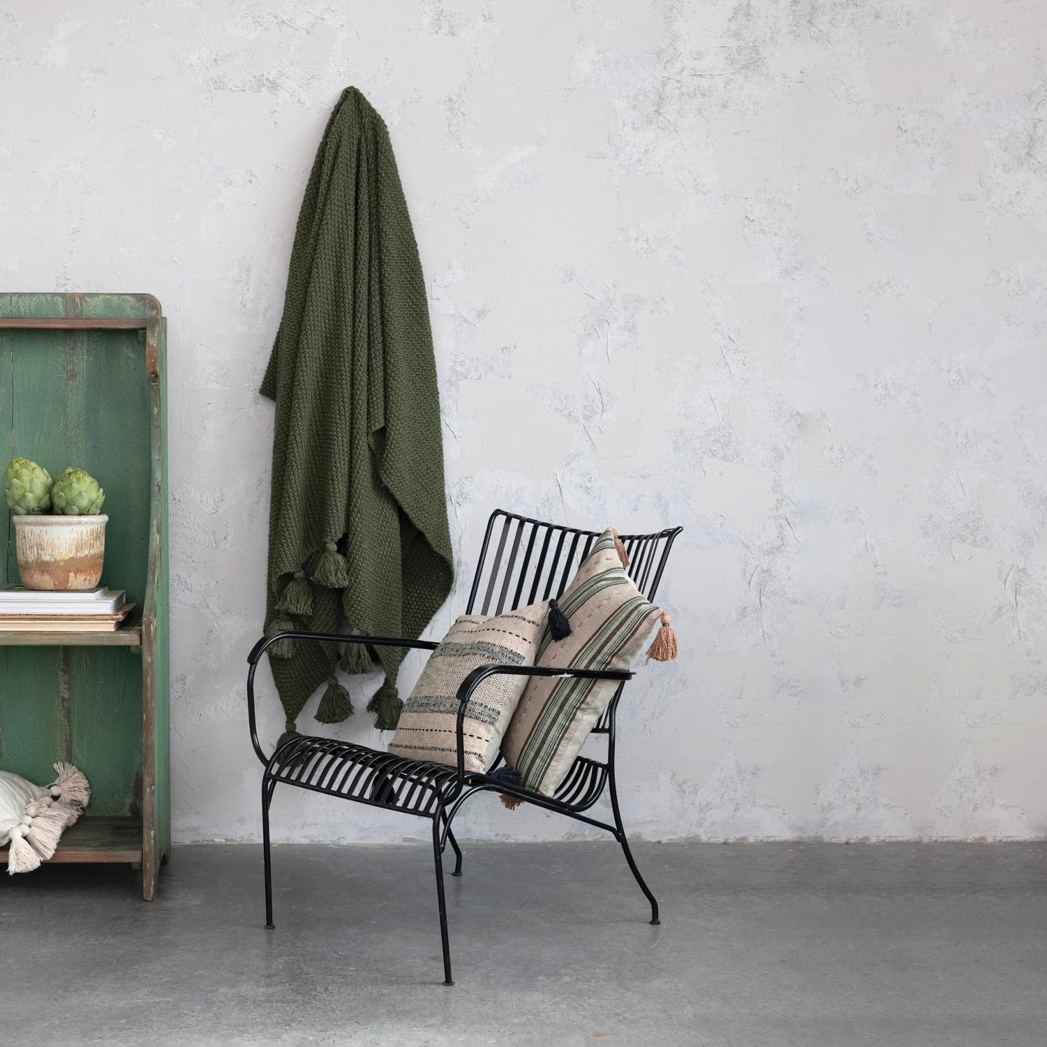 Olive Green Cotton Knit Throw w/ Tassels