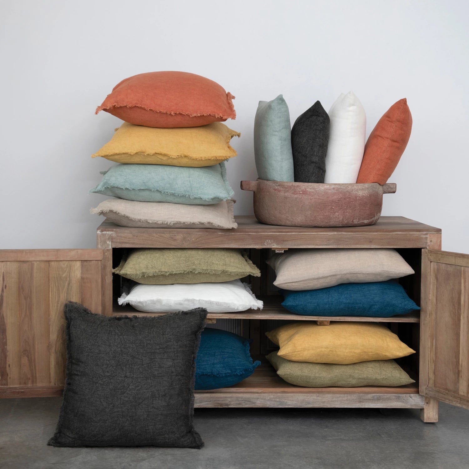 Mint Square Stonewashed Linen Pillow w/ Fringe