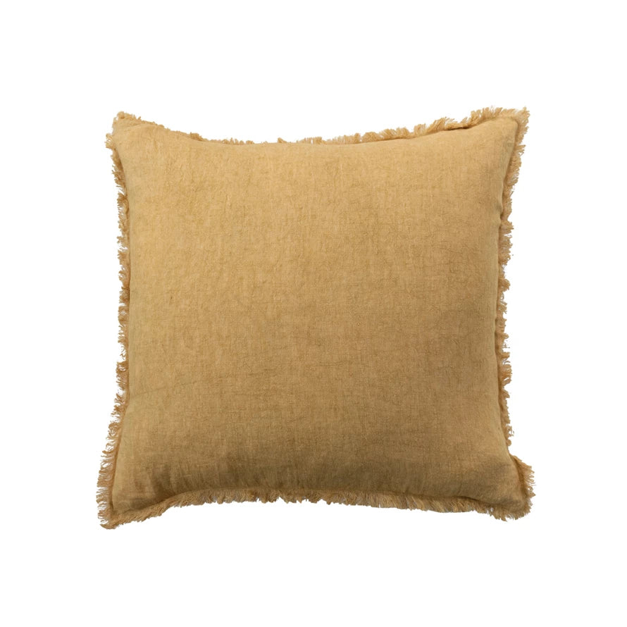 Mustard Square Stonewashed Linen Pillow w/ Fringe