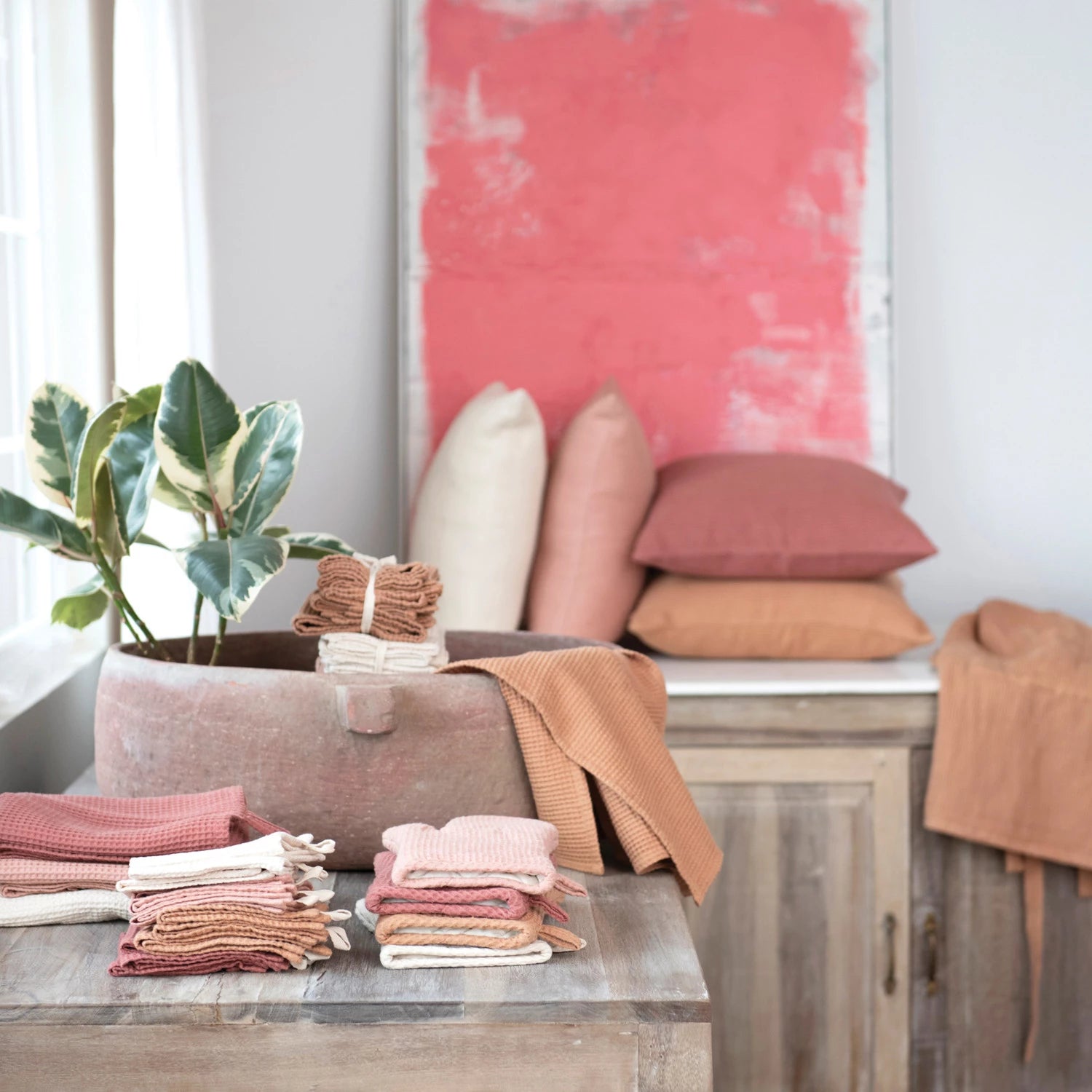 Terra-cotta Square Woven Linen & Cotton Waffle Pillow