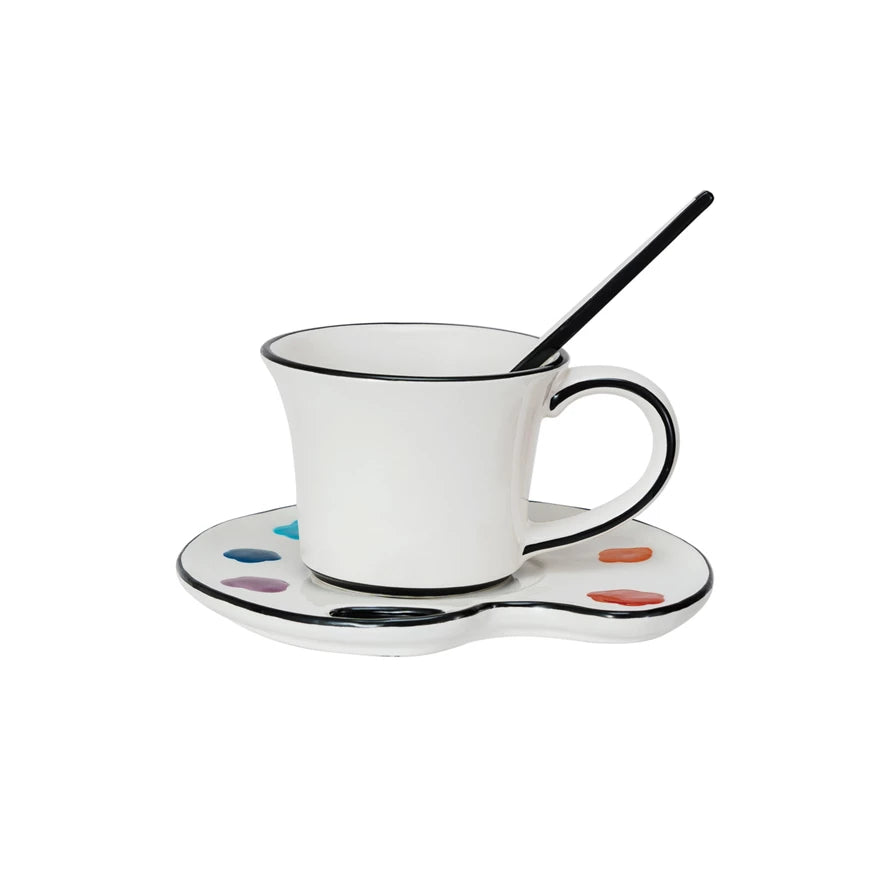 Ceramic Paint Palette Saucer w/ Teacup & Brush Shaped Stirrer