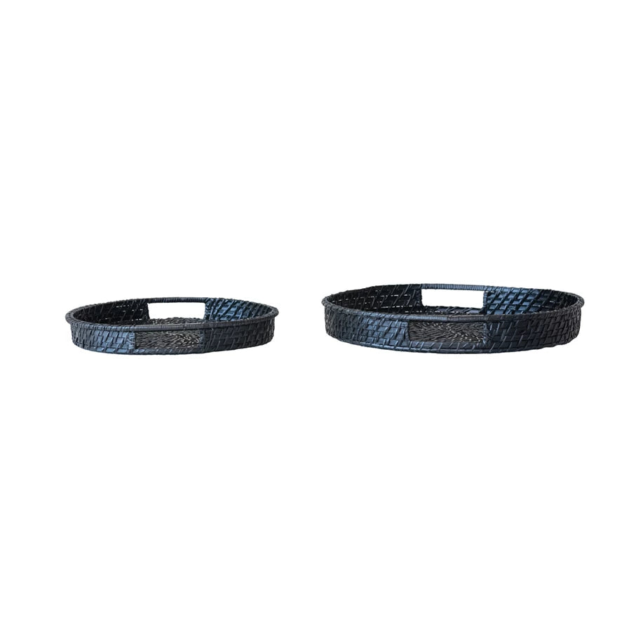 Black Hand-Woven Bamboo Round Tray