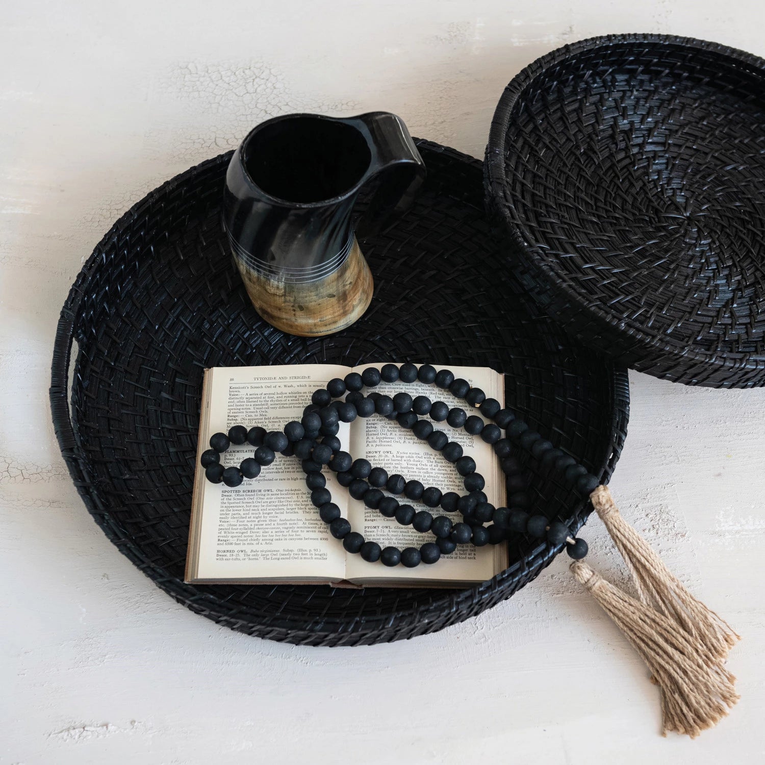 Black Hand-Woven Bamboo Round Tray
