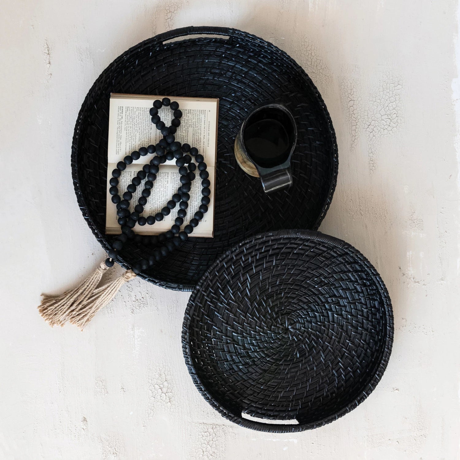Black Hand-Woven Bamboo Round Tray