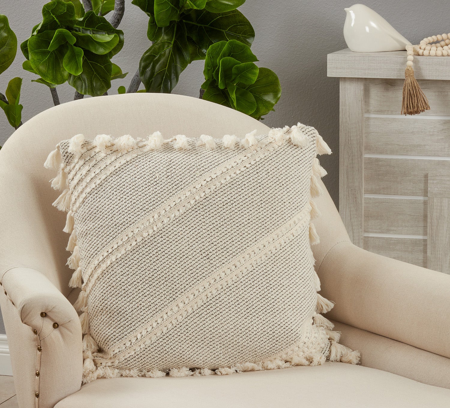 Ivory Kantha Stitch Tassel Pillow