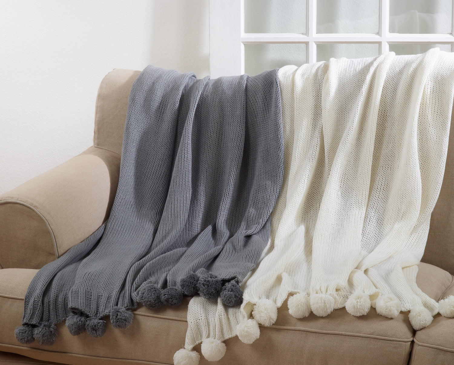 Knitted Pom Pom Throw