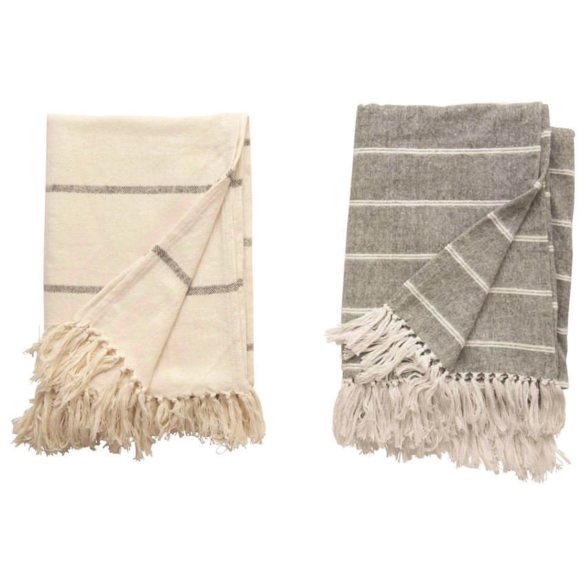 Brushed Cotton Striped Fringe Throw