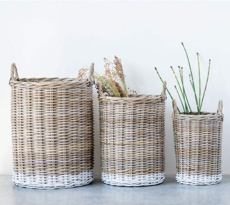 White Dipped Rattan Basket with Handles*