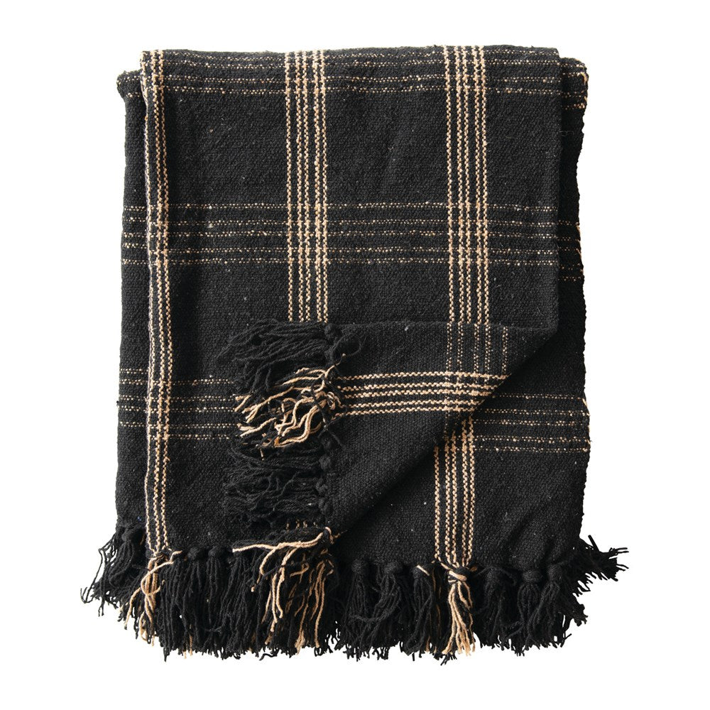 Fringed Black & Tan Plaid Throw