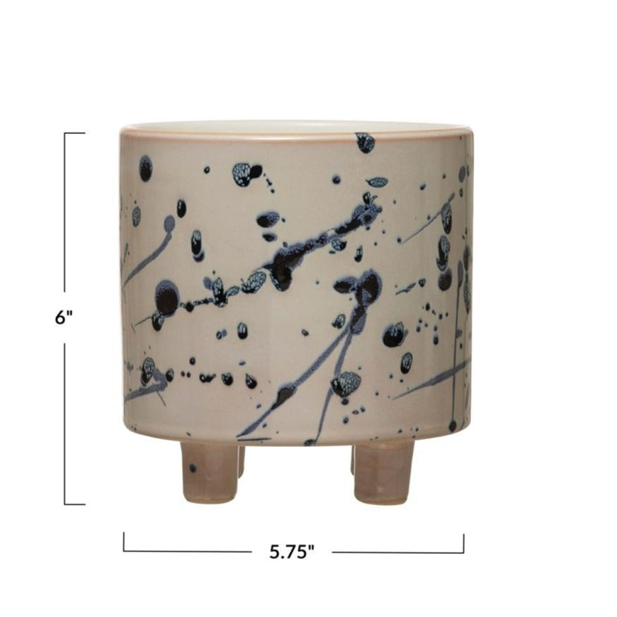 White & Blue Splatter Footed Planter