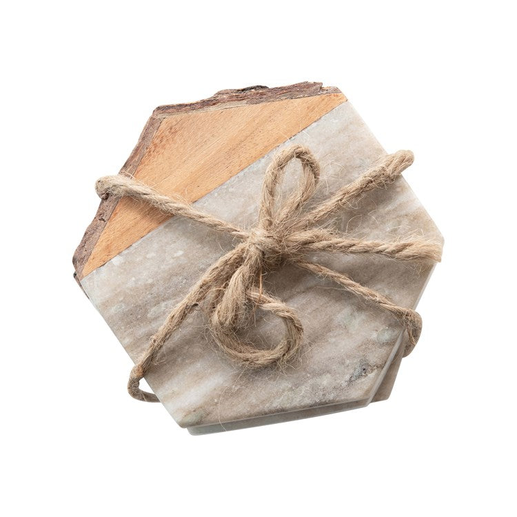 Hexagon Marble & Acacia Wood Coaster Set*