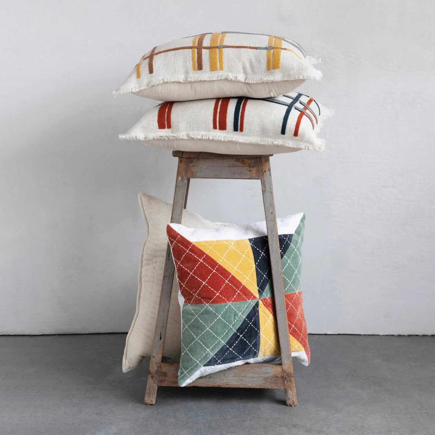 Cream Kantha Stitch Chenille Pillow*