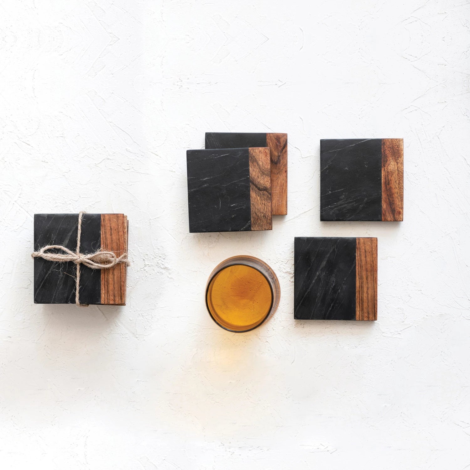 Black Marble & Acacia Coaster Set/4