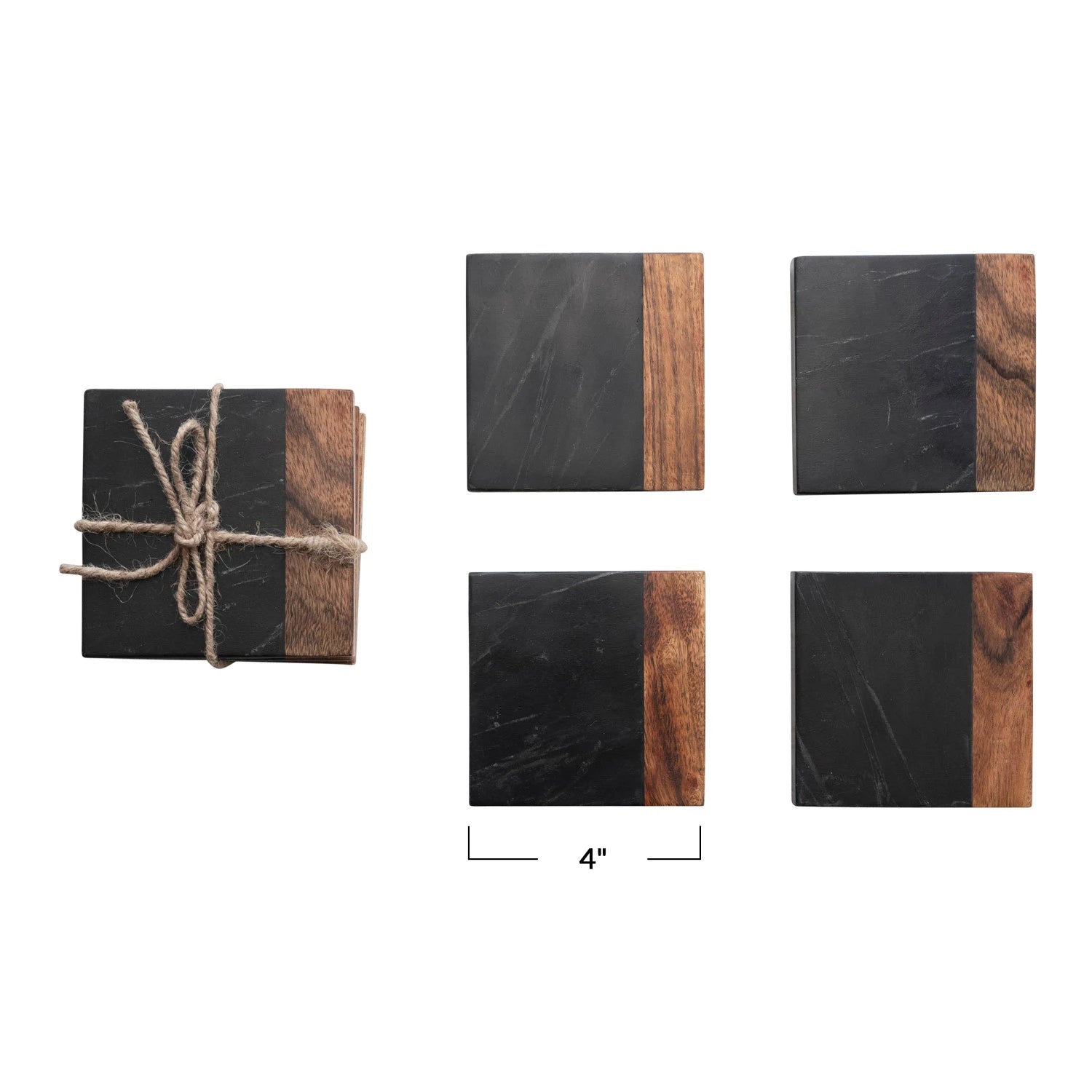 Black Marble & Acacia Coaster Set/4