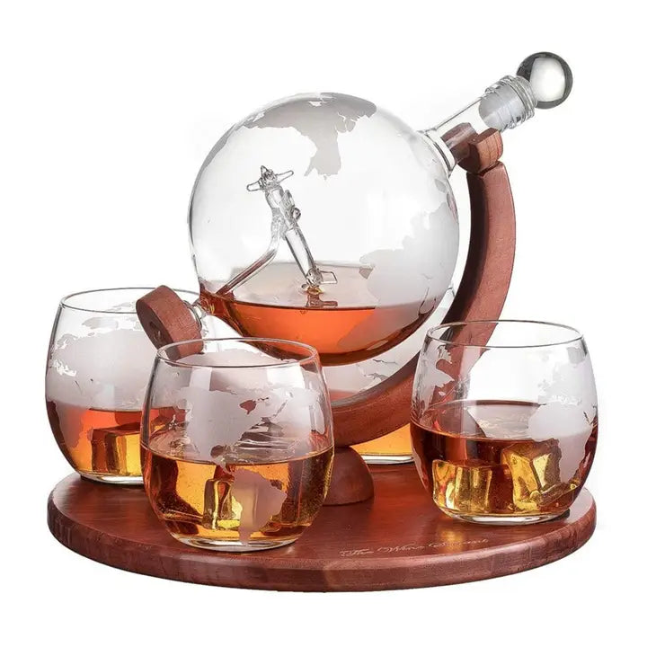 Globe Decanter w/ Airplane & 4 Glasses