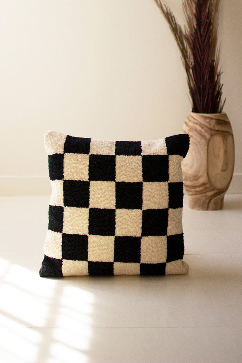 Checkered Black and White Hand-Hooked Pillow