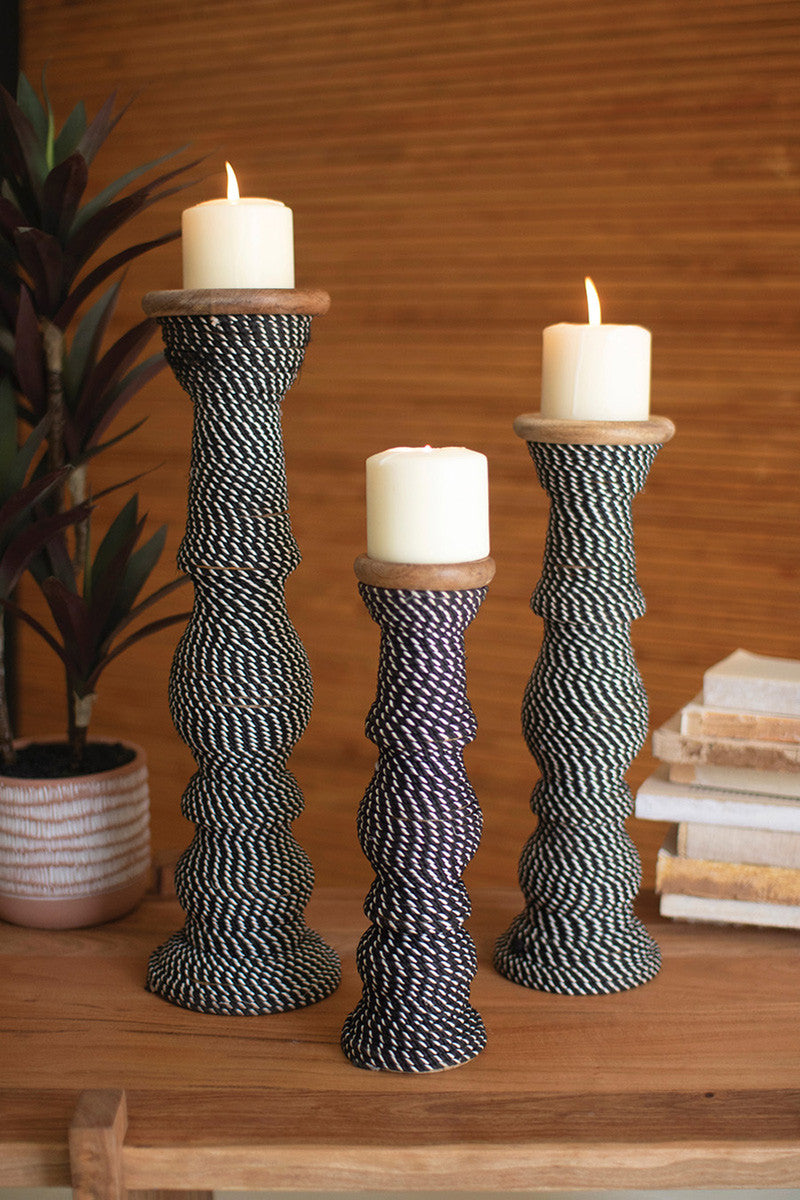 Wooden Candle Holders Wrapped with Black & White String