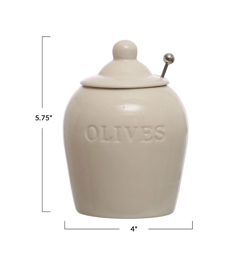 Olive Stoneware Jar w/ Slotted Spoon