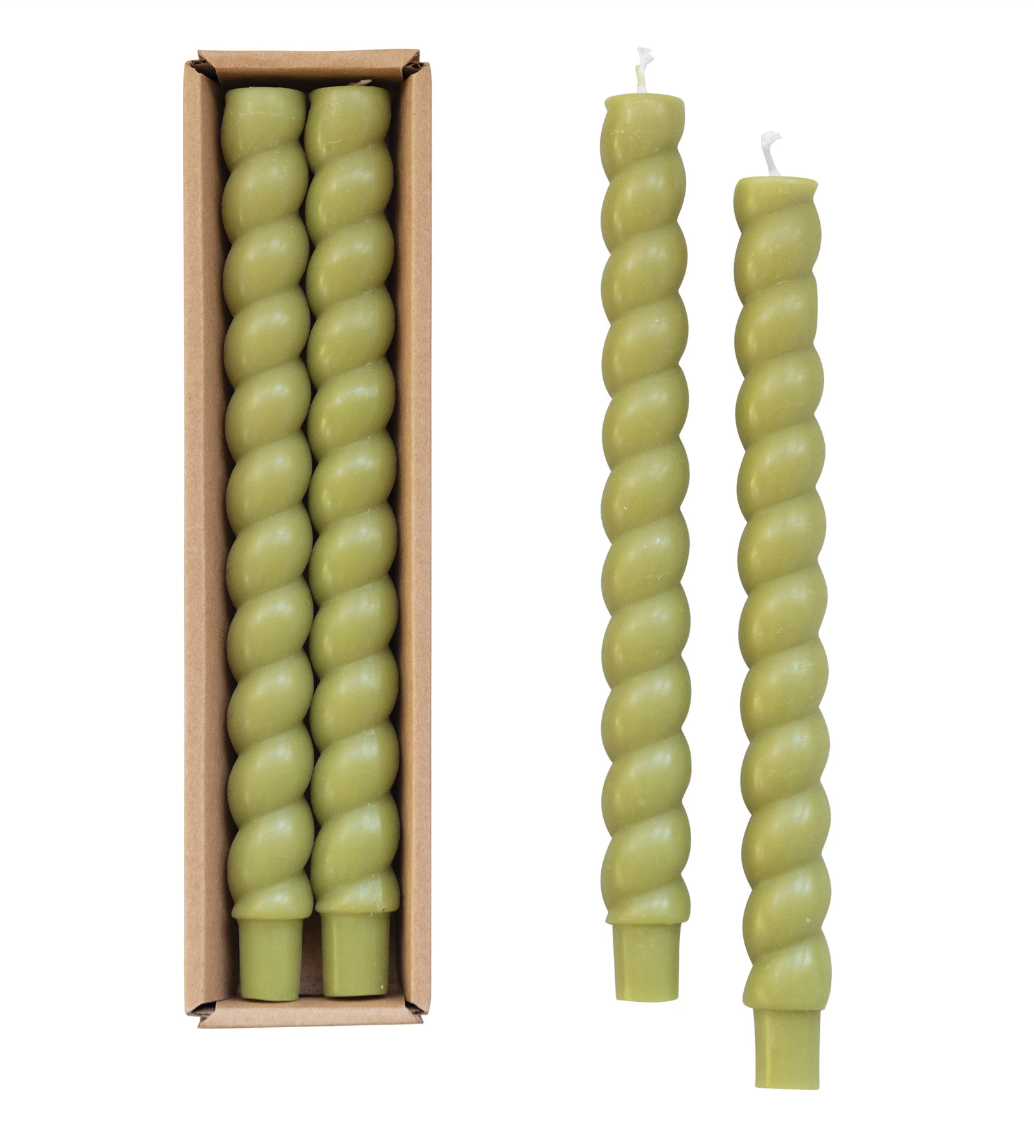 Green 10" Unscented Twisted Taper Candles S/2